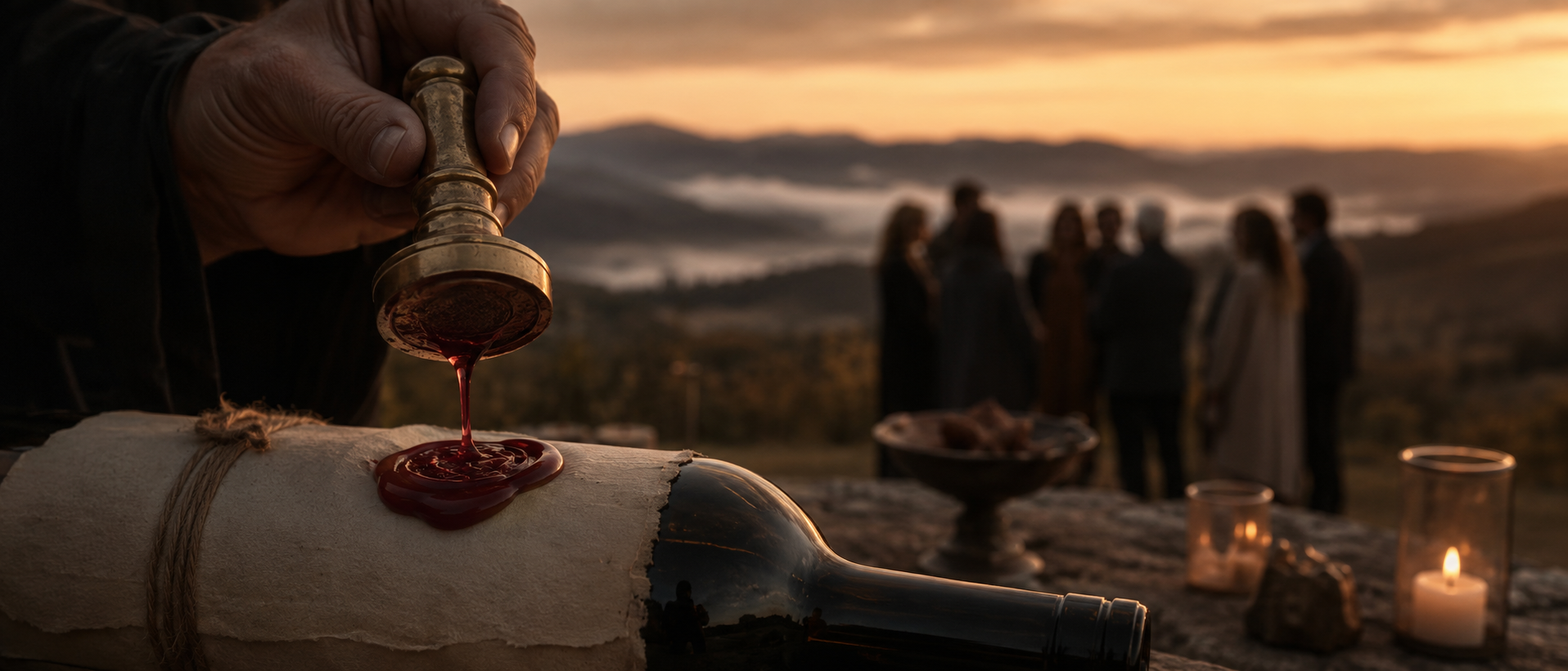 A brass signet stamp pressing molten crimson wax onto a parchment-wrapped bottle at twilight, with the Council group silhouetted against the valley mist beyond